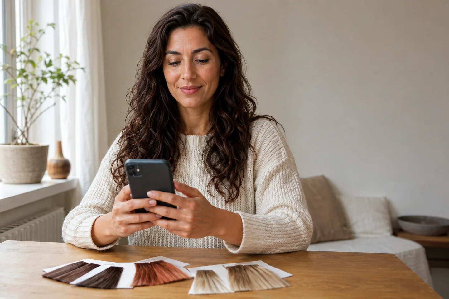 A woman holds her phone at home with brunette, copper, and blonde hair swatches on the table.