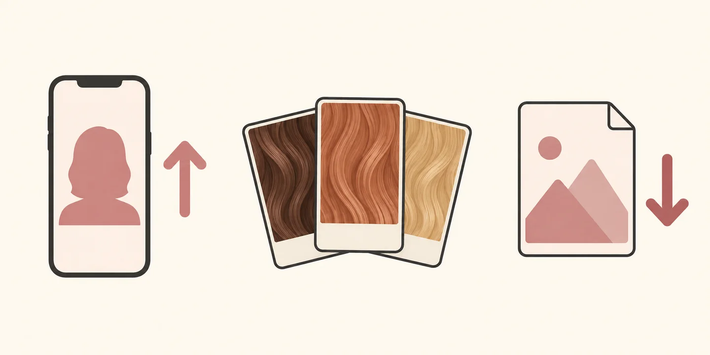 A phone with an upload arrow, three hair-color swatches, and an image file with a download arrow.
