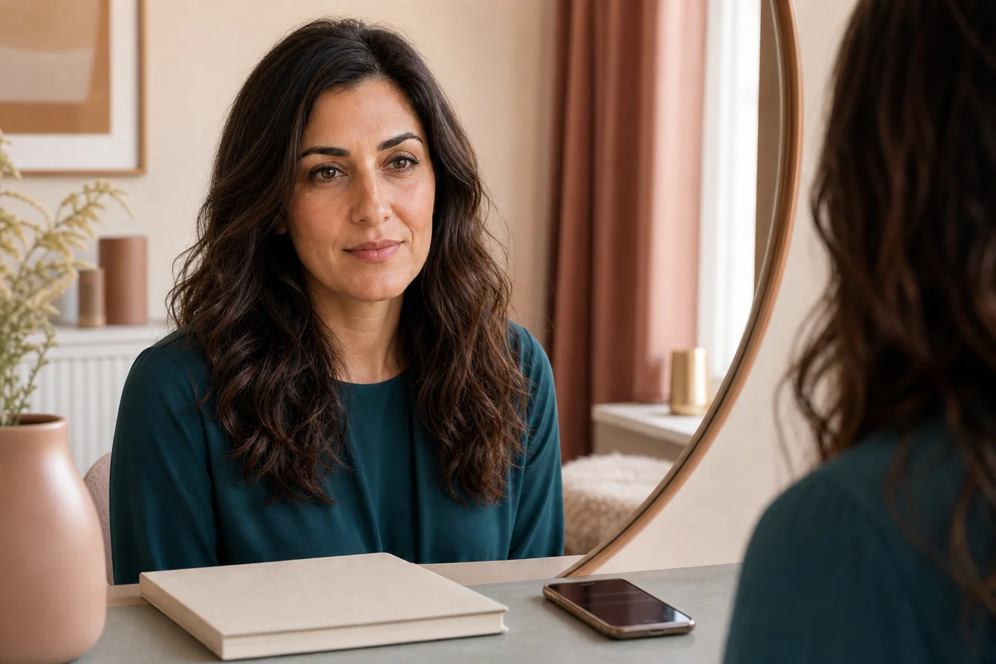 A woman considers her natural lips in a mirror with a notebook and phone resting flat on the table.