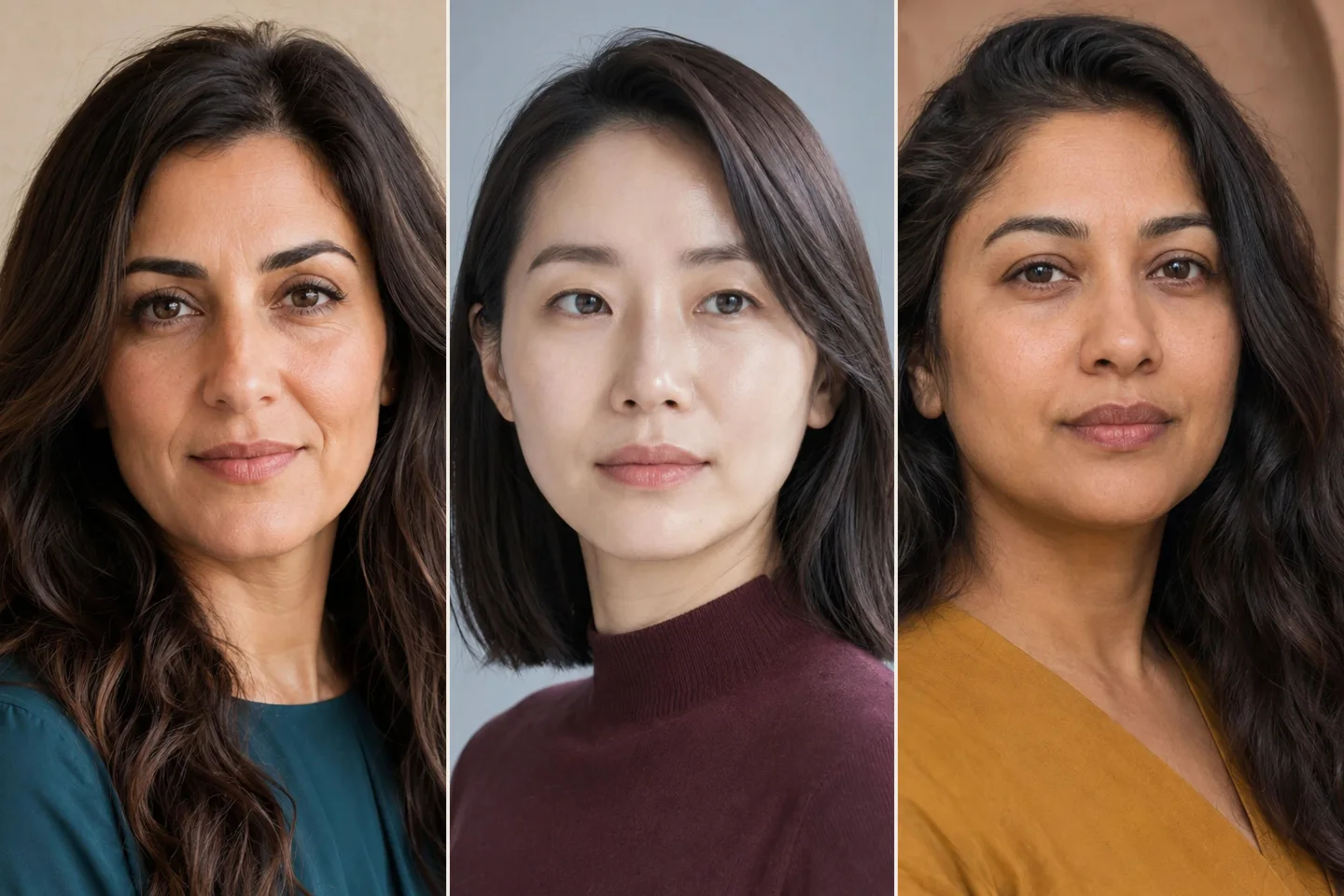 Three adult women with different natural lip shapes and relaxed expressions.